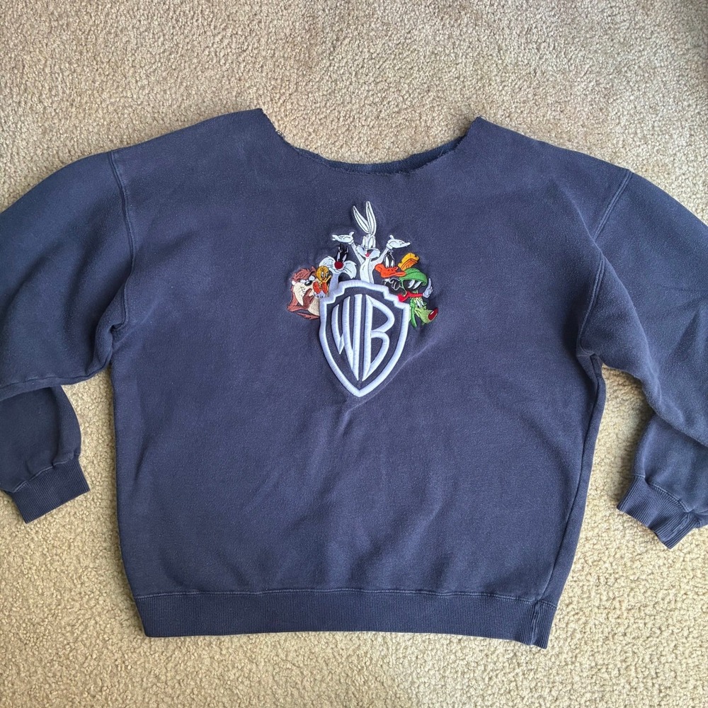 Vintage Warner Bros Looney Tunes Embroidered Sweatshirt Navy Blue Raw Neck L/XL
